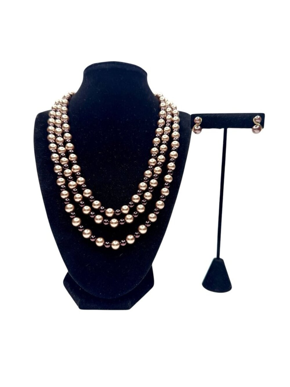 Chocolate & Champagne Vintage Faux Pearl Necklace 60" Long Flapper + Earrings - Picture 1 of 15